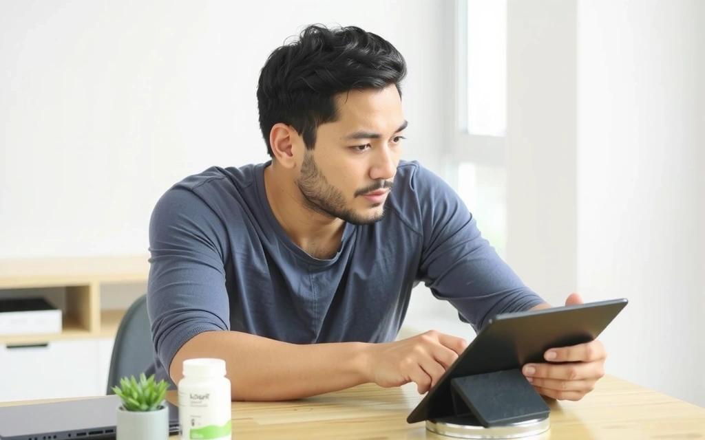 Man reading about health supplements
